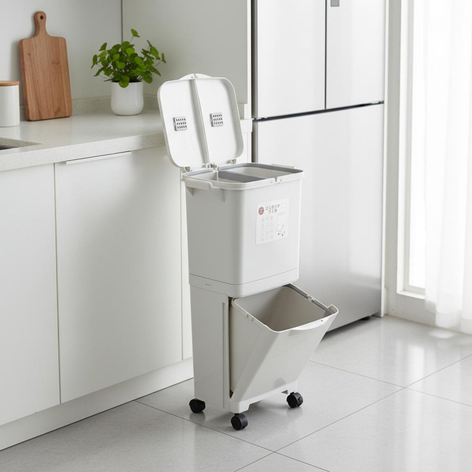 Küchen Abfalleimer Mülleimer Recyclingbehälter mit Platzsparendem Doppelschacht System Sortierung für Recycling Pedalbedienung Universalrollen Deckel, color to 3, Jp D-Behälter S-Deckel