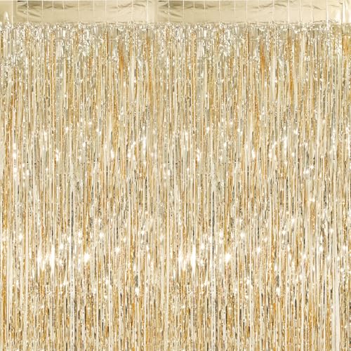 Image of Crosize 3 Pack 3.3 x 9.9 ft Champagne Gold Foil Fringe Curtains Party Decorations,Tinsel Curtain Backdrop for Parties, Door Streamers, Glitter Streamer Backdrop for Birthday Decoration