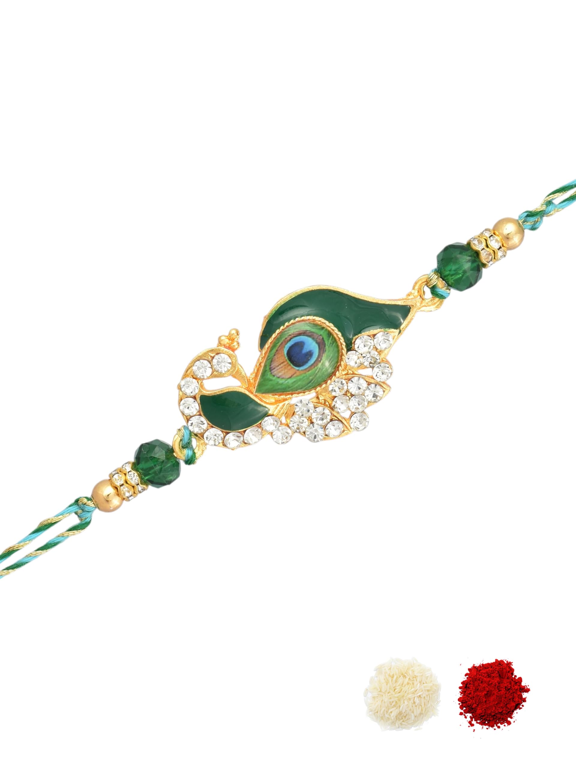 Emerald Green Premium AD Studded Peacock Design Gold Plated Traditional Beaded Pack of 1 Festive Rakhi for Brothers, Bhaiya, Bhai, with Roli Chawal & Greeting Cad for Raksha Bandhan-13-image-14