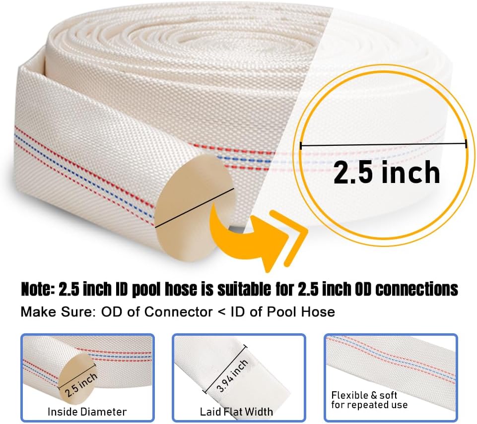 Eoiips 2.5インチ x 65.6フィート スイミングプール 逆洗ホース PVC レイフラット ガーデンホース 排水ホース 調