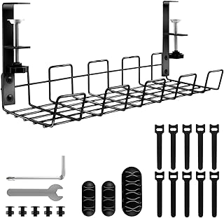 Under Desk Cable Management Tray, No-Drill Metal Wire Cable Tidy Basket, Cable Wire Holder Tray with Clamp and Cable Ties, Under Desk Wire Organiser Kit for Home Office - Black