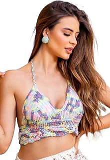 ICW Women's Knit Crochet Halter Neck Padded Fringes Bikini Tops Backless Beachwear Bralette Crop Top 105 (One Size XS-S-M)...