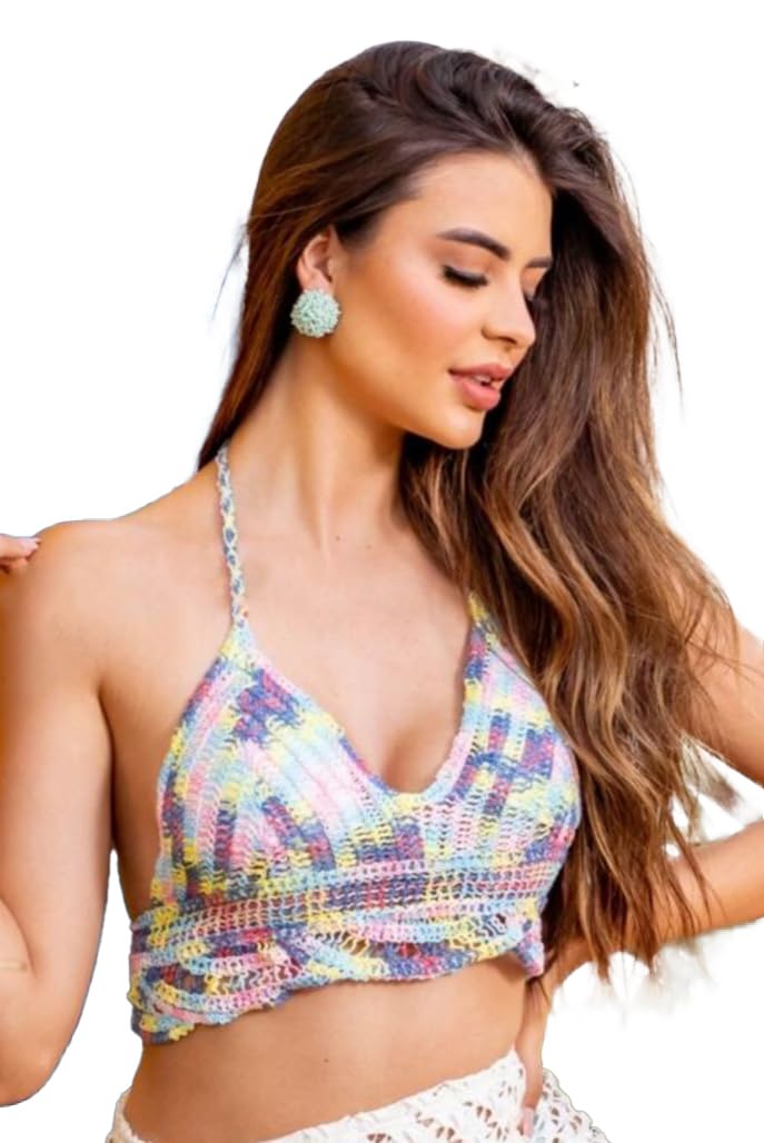 icw Women's Knit Crochet Halter Neck Padded Fringes Bikini Tops Backless Beachwear Bralette Crop Top 105 (One Size XS-S-M) Bust 28-34 Inch-picture-44