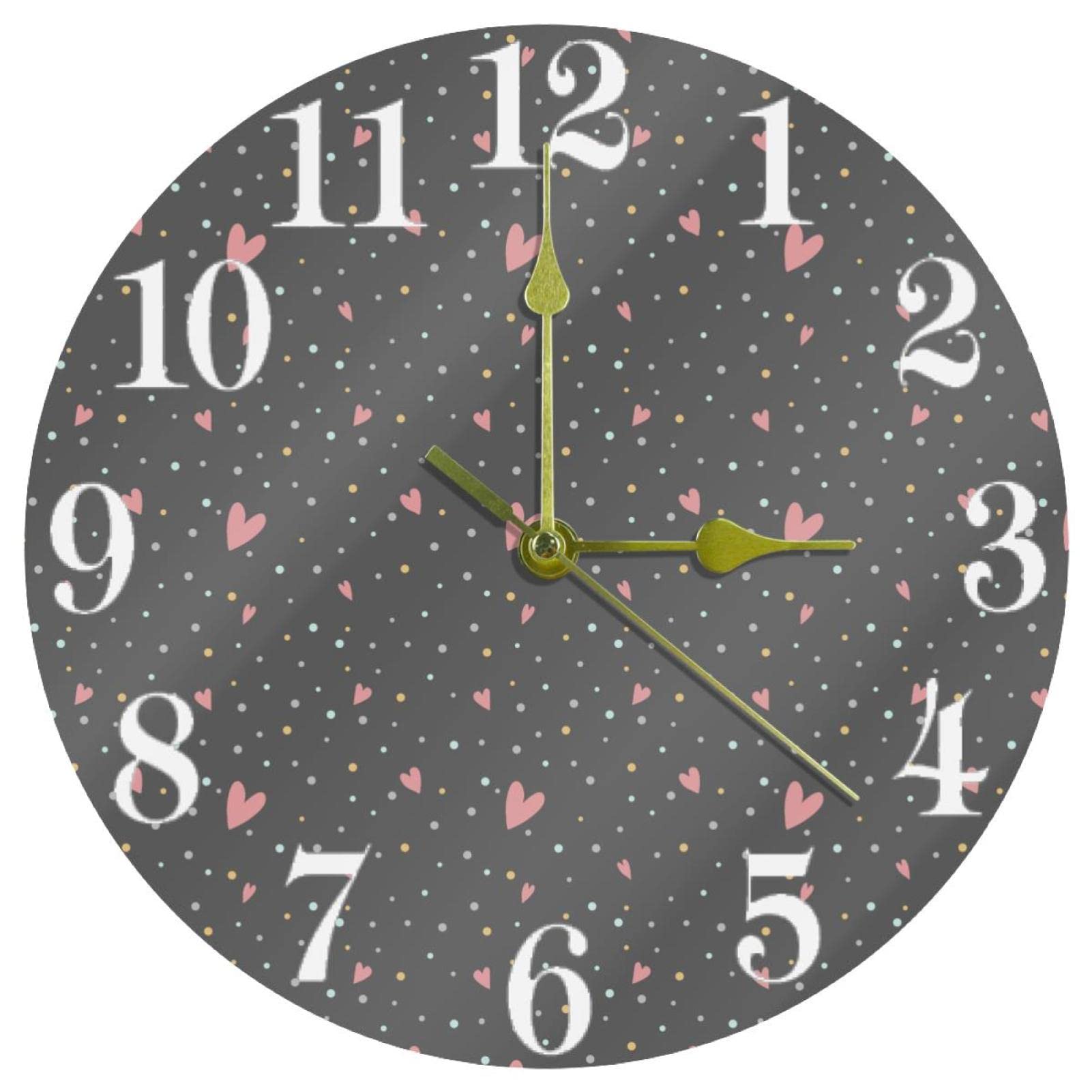 Horloge murale à quartz pour cuisine et bureau avec un joli décor cœurs et pois