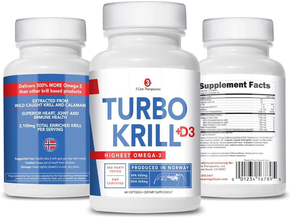 3Care Turbo Krill 2100mg [High Concentrate] Krill Oil Plus 600 IU Vitamin D Omega 3 Supplement 60 Count Softgels