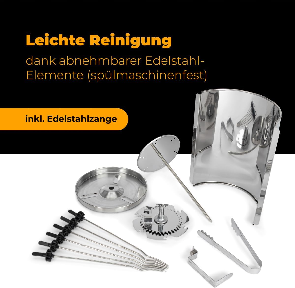 Close-up of the Clatronic DVG 3686 Multigrill showing six small skewers loaded with meat and vegetables, rotating around the central heating element.