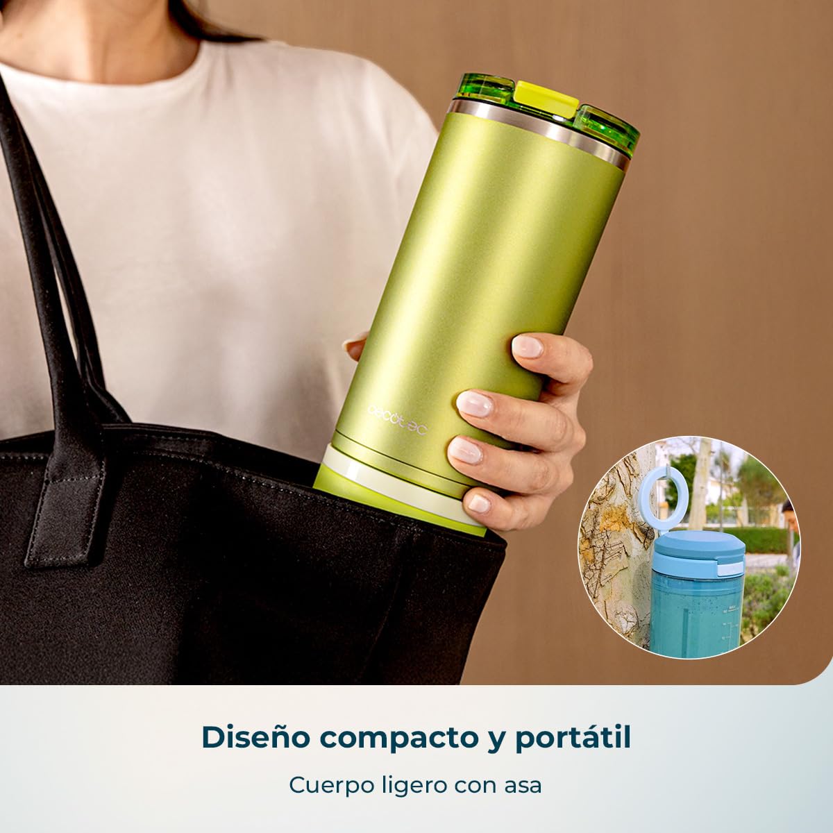 Cecotec Batidora de Vaso Portátil con 11,1V Power Titanium Shake2Go Lagoon Steel. 180W, Vaso Metal 600ml Libre BPA, 3 Programas Automáticos, Carga USB-C, Bebidas Frías por Más Tiempo