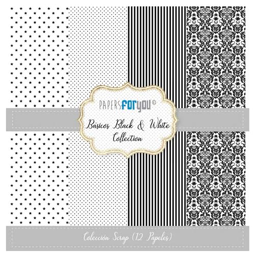 Papers For You - Kit de Papeles para Scrapbooking y Manualidades | Colección Básicos Blanco y Negro | Incluye 12 Papeles a Doble Cara con Diseños Diferentes | Tamaño 30,48 x 30,48 cm (12' x 12')