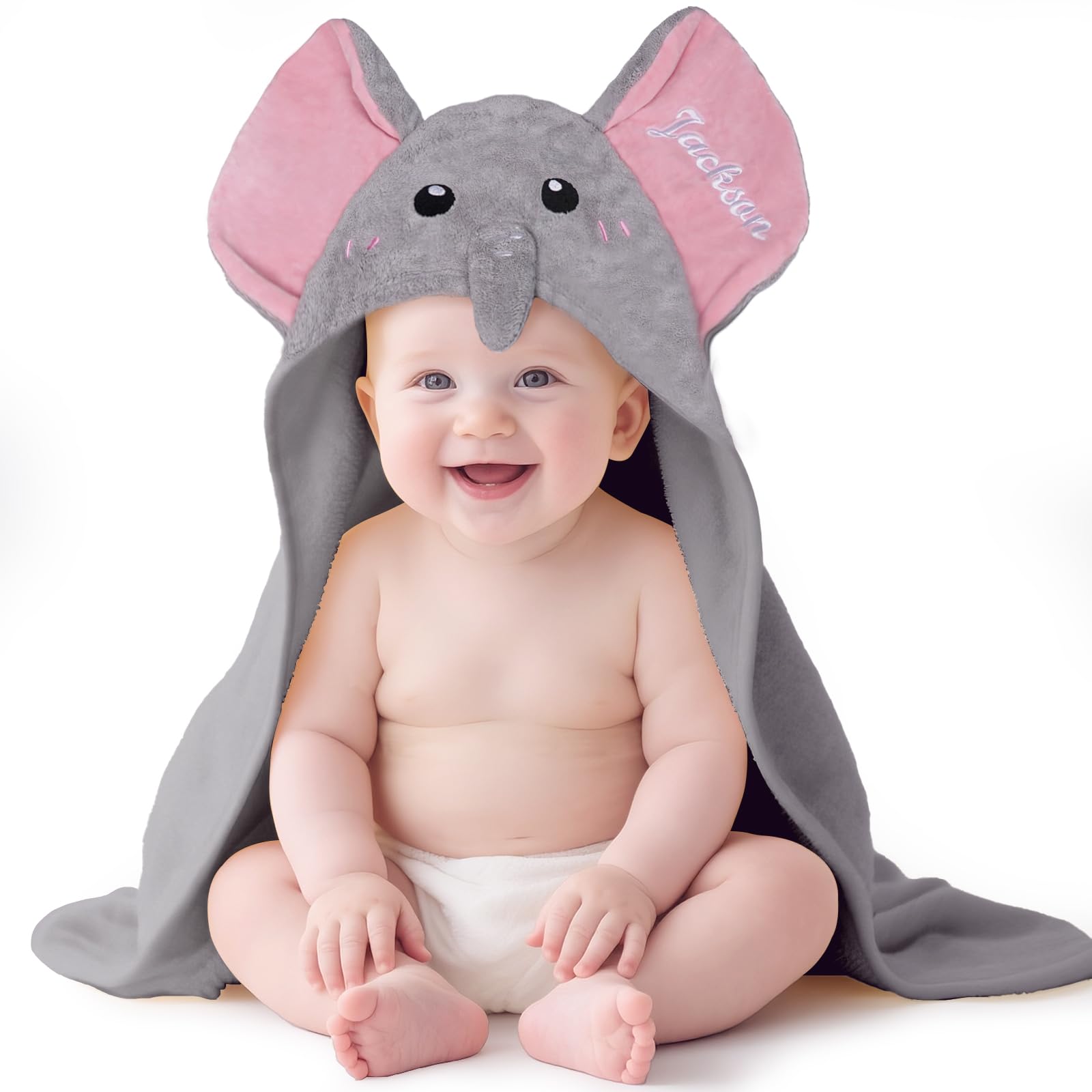 Baby Hooded Towel with Customized Name Absorbent Bath Towel with Ears for Newborn Toddler Infant Customized Baby Shower