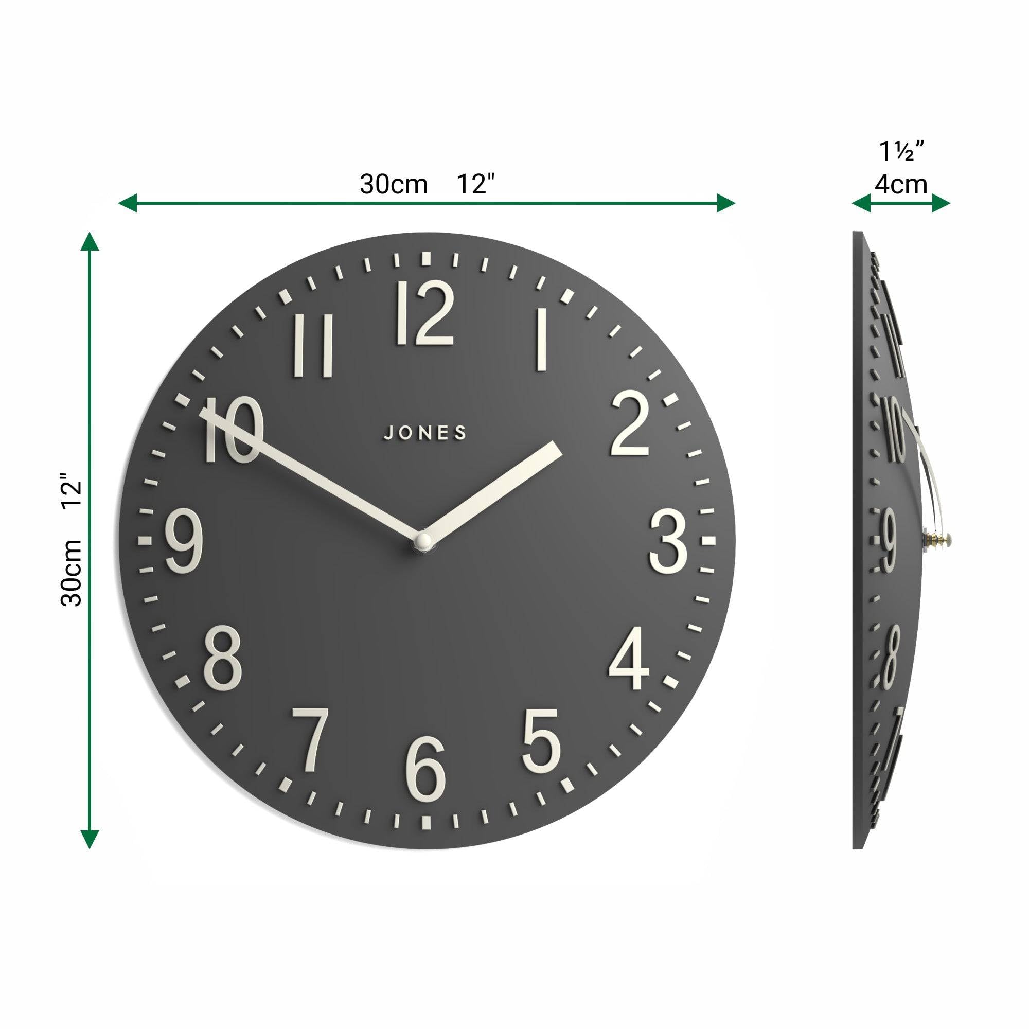 JONES CLOCKS® Chilli Reloj de Pared | Reloj Convexo Moderno | 30cm | Gris Oscuro | Encanto contemporáneo, Ideal para la Cocina, el salón, la Oficina o el Dormitorio