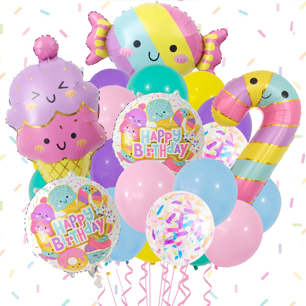 23PCS Birthday Balloons Party Decorations - Reusable Self-Sealing Ice Cream & Candy Balloons with Straws & Ribbons for Birthday Party Supplies