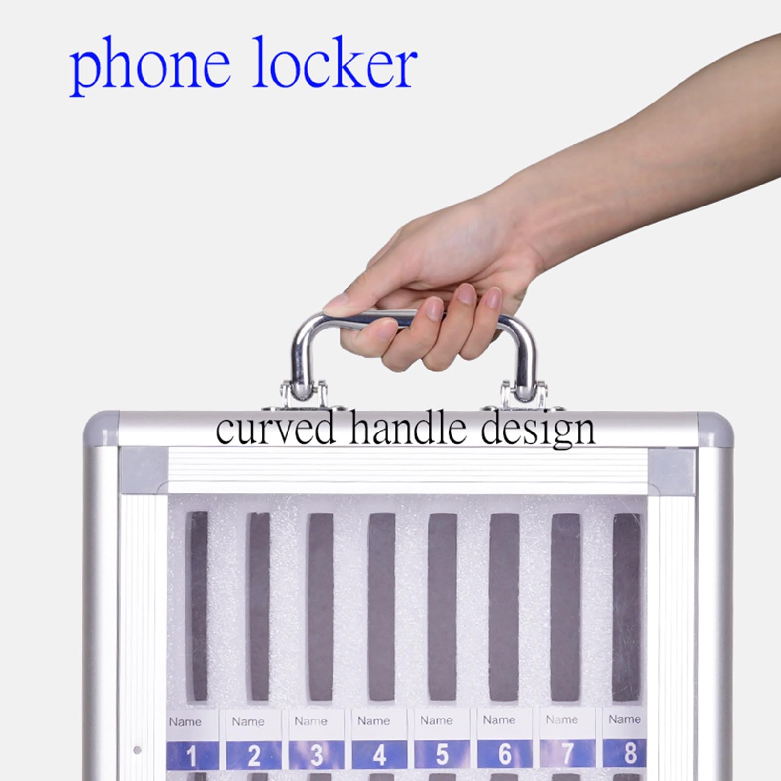 Supporto da parete per telefono cellulare, in alluminio resistente, pratico per ufficio e aula con maniglia per una gestione sicura dei dispositivi.