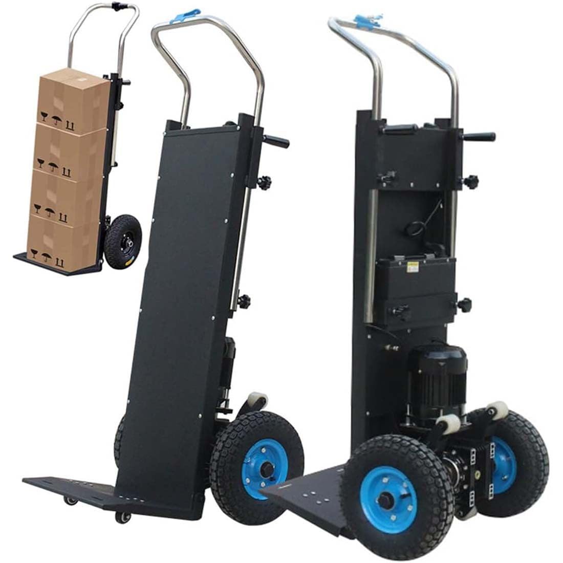 Chariot électrique d'escalier avec moteur sans balais et batterie amovible, diable robuste pour une régulation de la vitesse en continu et une grande capacité de charge