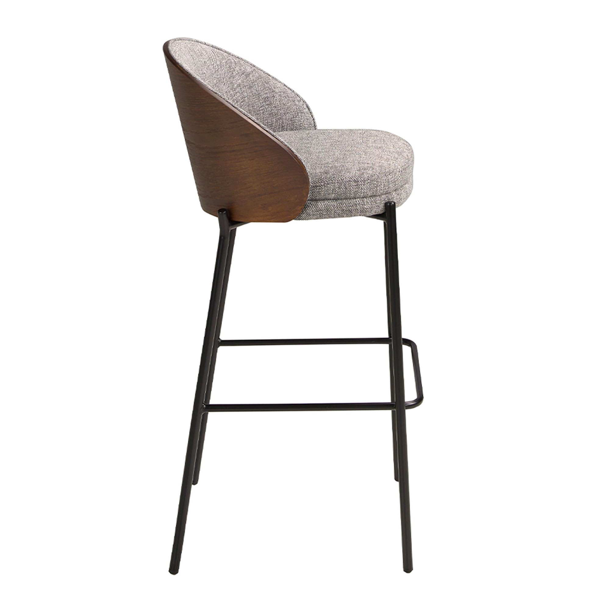 Ángel Cerdá- Taburete Alto Tela Gris y Madera Nogal - Patas de Acero Inoxidable Negro - Diseño Moderno y Elegante - Taburetes Altos de Cocina - Mueble Cocina - Sillas Cocina - 53 x 51 x 98 cm