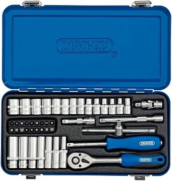 Draper 1/4" 45 Piece Square Drive Metric Socket Set | Micrometre Reversible Hand Tool |Soft Grip Ratchet | 12 Metrics Sockets Mechanics Car Tools | Metal Storage Case | Hex Bit Adaptor | 16365