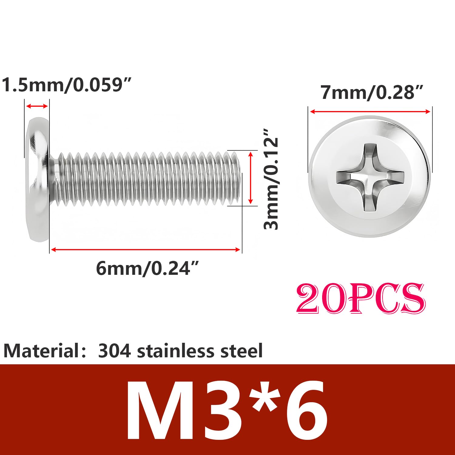 Ctyjia M3x6mm Stainless Steel 304 Flat Head Inverted Phillips Screws, Full Thread, 20Pcs - Image 2