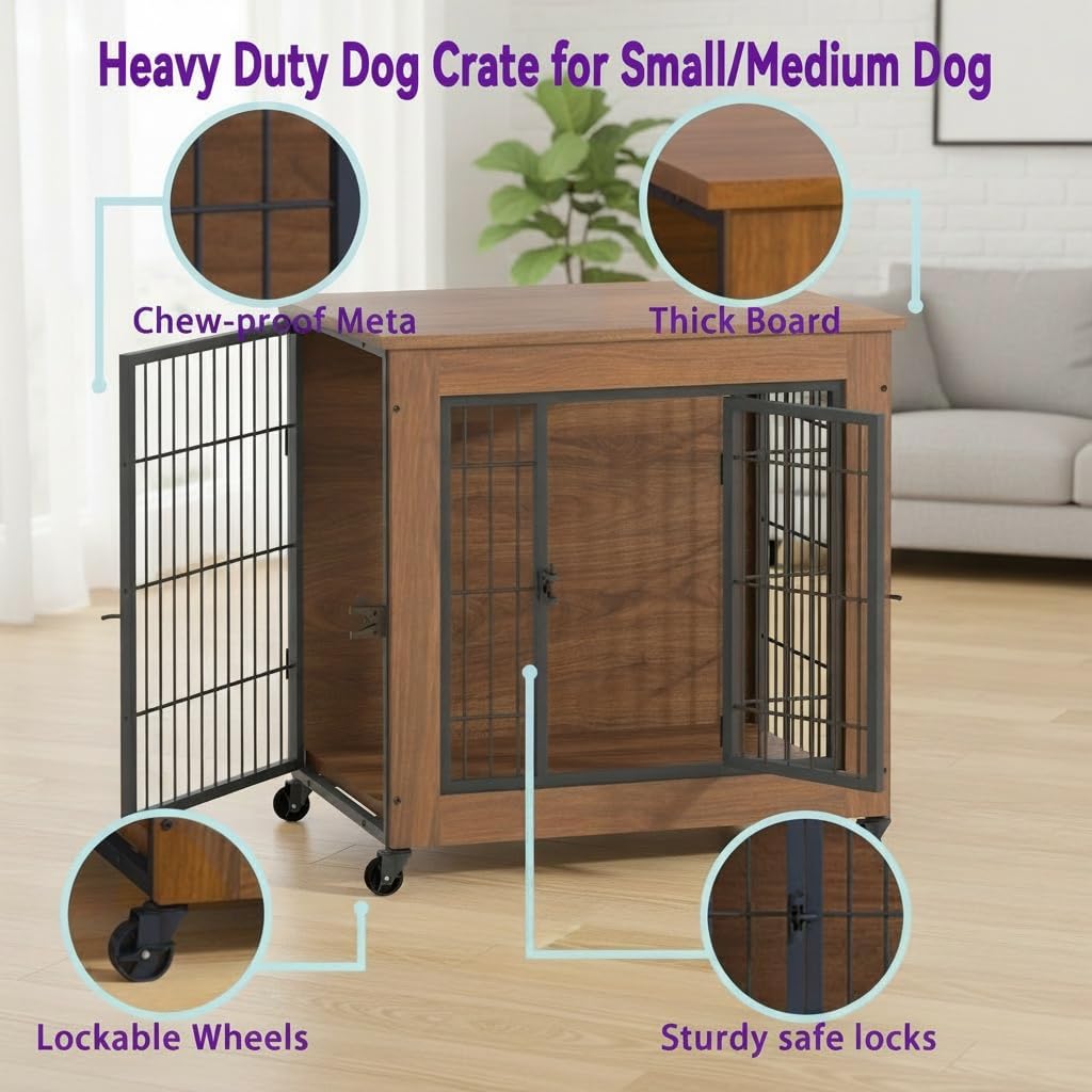 27.2'' Dog Crate Furniture with Movable Lockable Wheels & Ventilation Design, Dog Kennel with Side Table Top & Secure Slide-Locks for Small Medium Dogs Indoor, Brown
