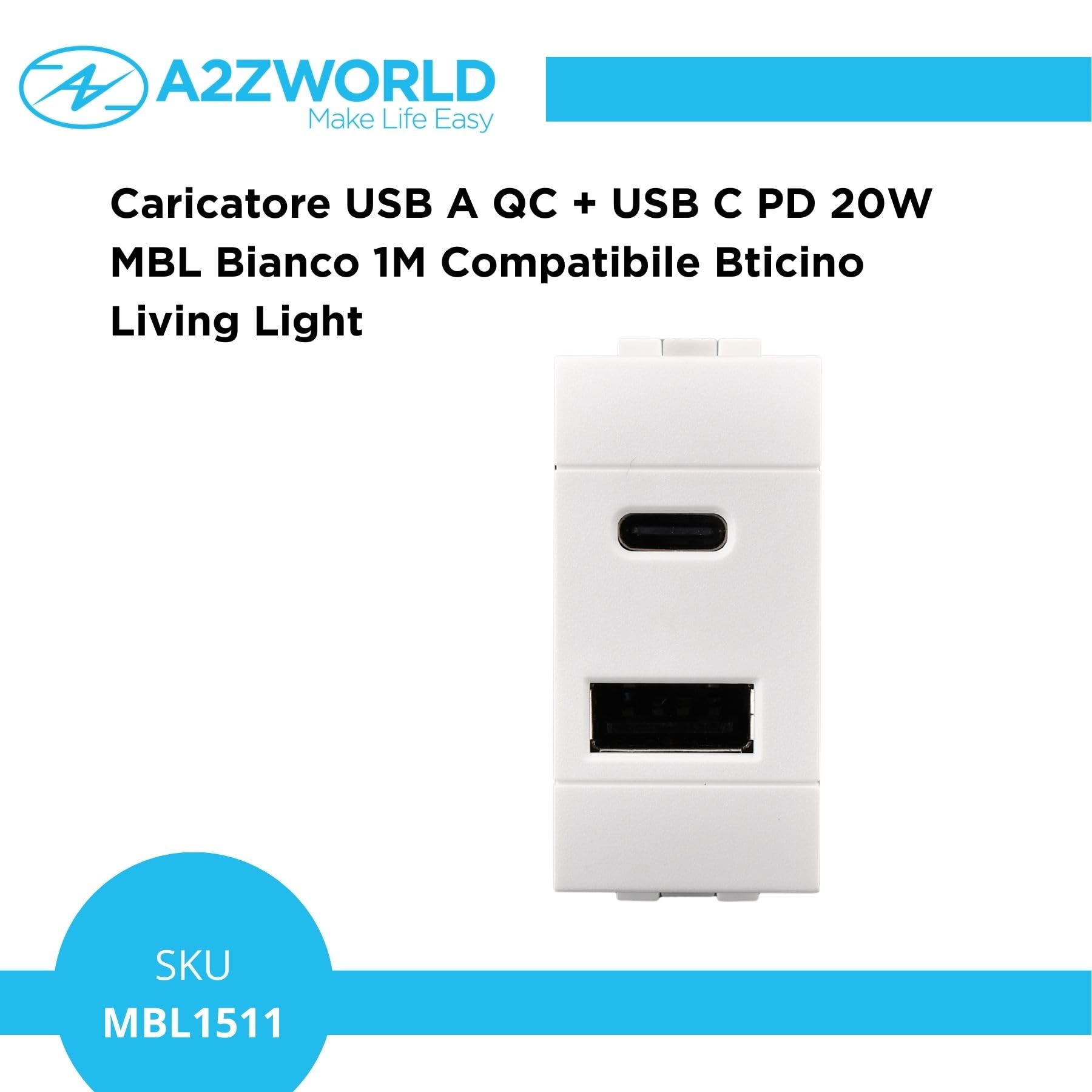 4 Stück USB-Ladegerät 1 Modul, USB-A QC 3.0 + USB-C PD 20 W, Schnellladung 5 V 9 V 12 V, kompatibel mit Bticino Living Light, Farbe Weiß, Serie MBL