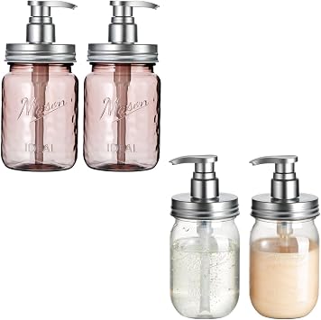 Amolliar Plastic Mason Jar Soap Dispenser with Pump Lid, Clear Dish Dispenser Set and Plastic Soap Dispenser with Pump Lid, Farmhouse Vintage Rose Color Hand Dispenser for Bathroom Kitchen