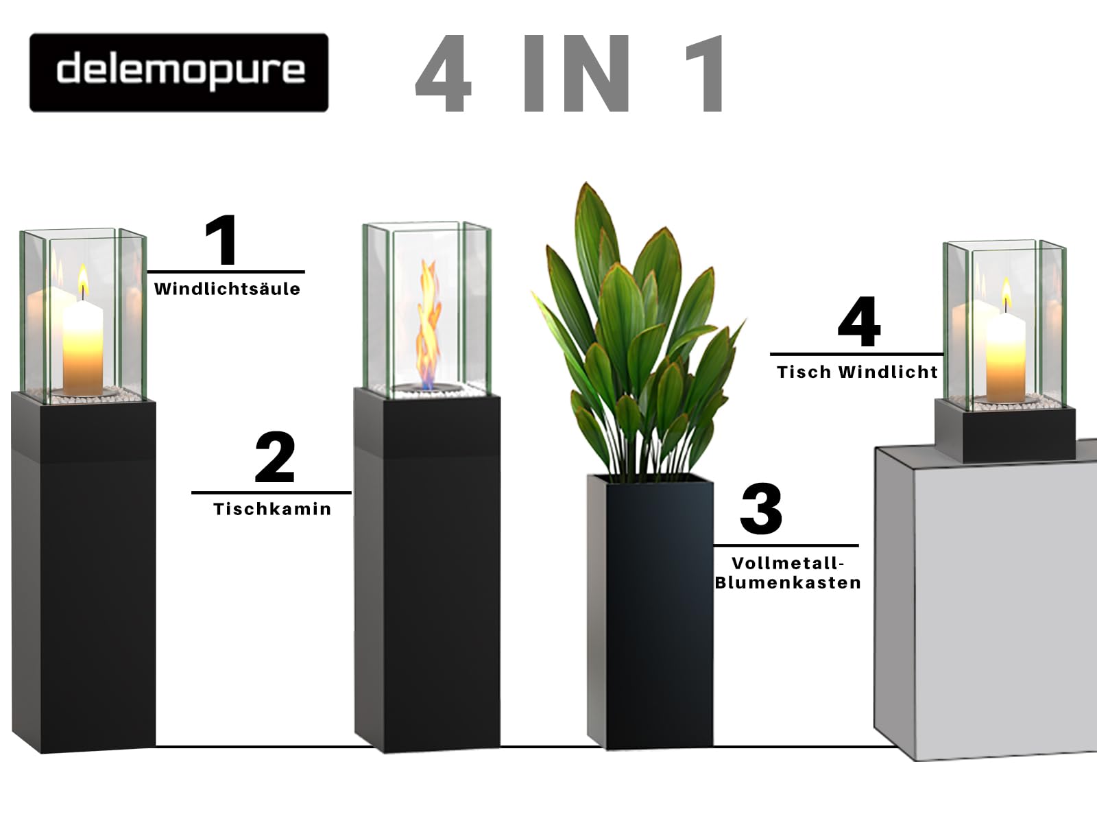 4 IN 1 Windlichtsäule Hoch 89CM Standkamin Groß Windlicht Outdoor Metall Tischkamin Indoor Laterne Draußen Säulen für Garten Deko Terrassen