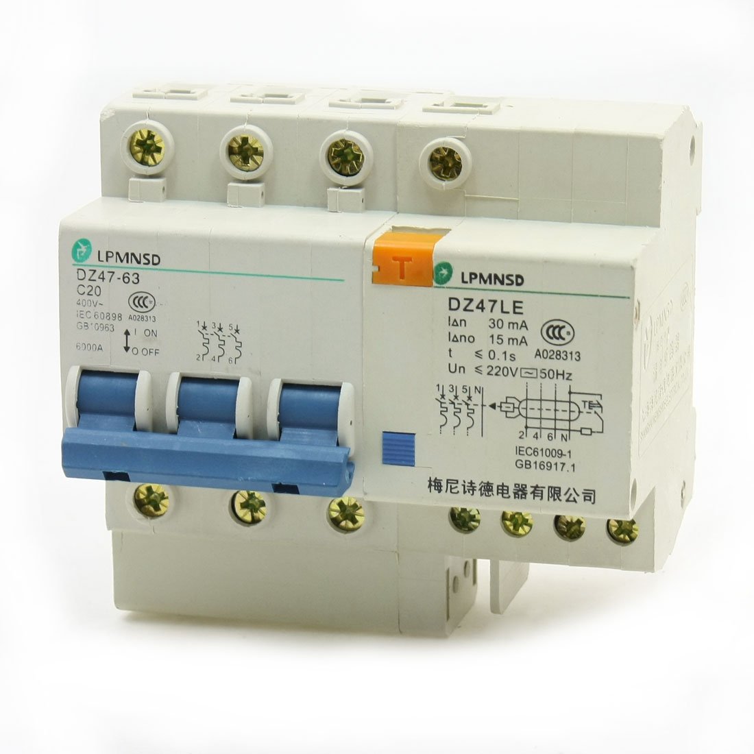 Ruilogod 35mm DIN Rail 6000A Overloaded Short Circuit Breaker 3P+N 20A