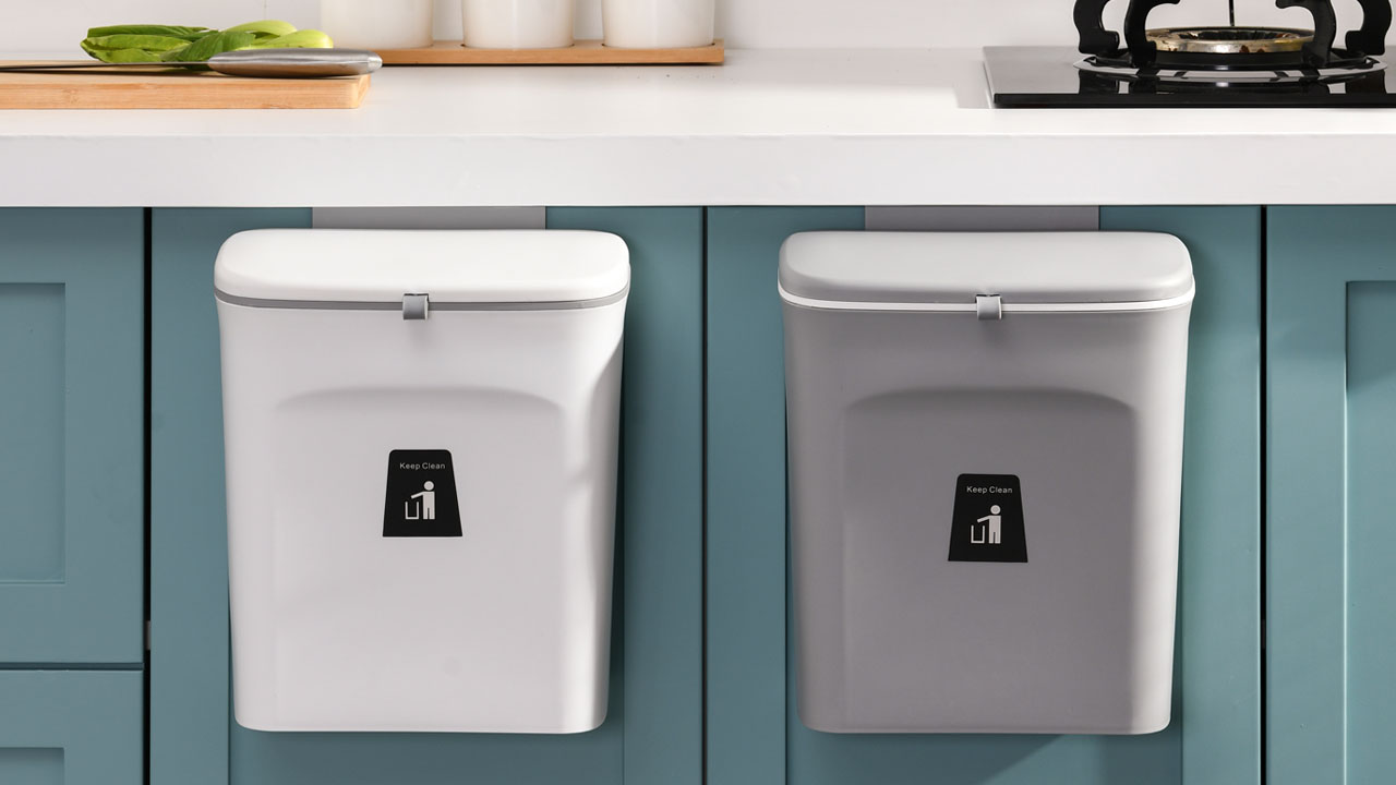 FARI 2-in-1 Küchen-Mülleimer mit Schiebedeckel, Mülleimer unter der Spüle, 9 L Abfalleimer mit Innenfass, tragbarer Mülleimer zum Aufhängen mit klebrigem Haken und Schaber (Beige) – Bild 8