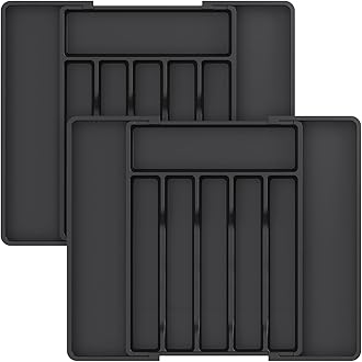 Silverware Drawer Organizer, Expandable Utensil Tray for Kitchen, Adjustable Flatware and Cutlery Holder, Compact Plastic Storage for Spoons Forks Knives, 2 Pack, Black