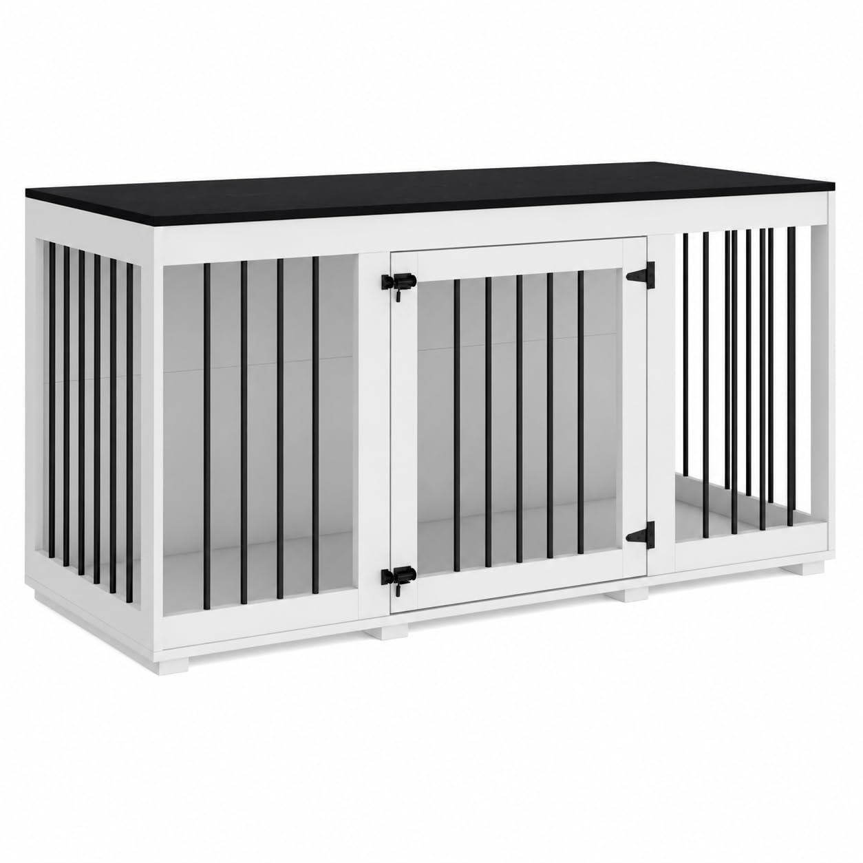 Cage pour Chien XXL 136cm pour Très Grands Chiens – Meuble Cage 2 Portes, Charge 50kg & Décor Métal Noir, 70cm de Haut – Niche Style Buffet pour Salon, 136×70×56cm, Blanc-Noir