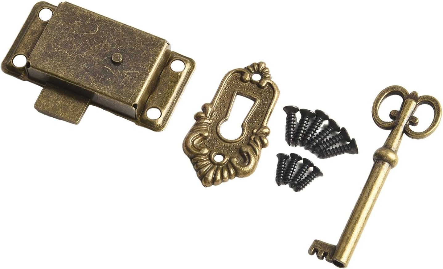 Antique Door Lock Set for Drawers,Boxes, Cabinets and Wardrobes - Vintage Metal Latch with Keys and Decorative Sheet, Retro Green or Red Bronze Finish