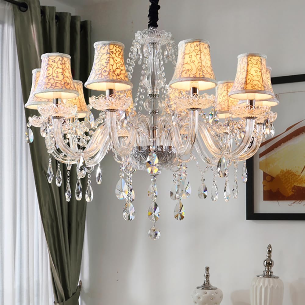 PCXEHUYP European Candle Crystal Pendent Lamp Luxury Living Room Restaurant Villa Hotel Staircase Duplex Building Chandelier (H 10 Lights+lampshades)