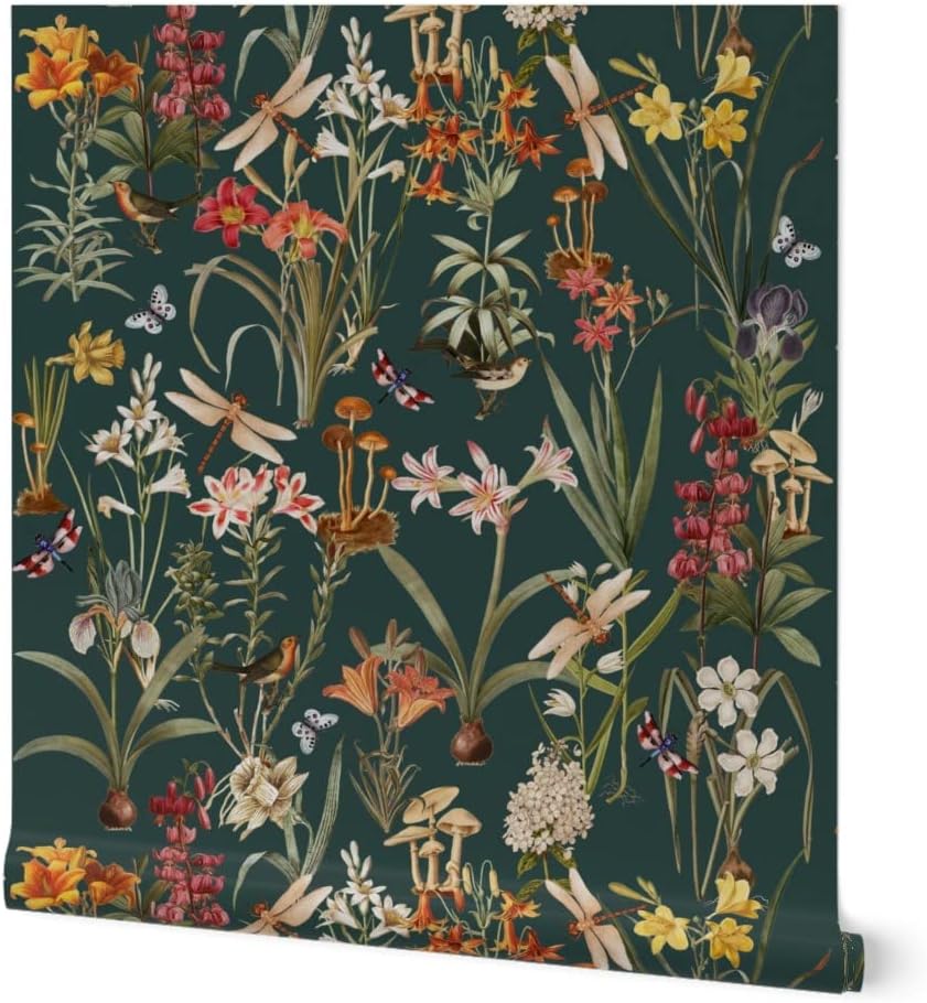 Spoonflower Peel & Stick Wallpaper 3ft x 2ft - Garden Dragonflies Large Dragonfly Dark Floral Custom Removable Wallpaper