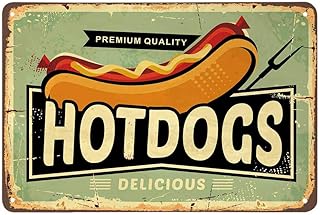 AOYEGO Hotdogs Tin Sign,Fast Food Delicious Restaurant Fork Bread Meat Sausage Vintage Metal Tin Signs for Cafes Bars Pubs Shop Wall Decorative Funny Retro Signs for Men Women 8x12 Inch