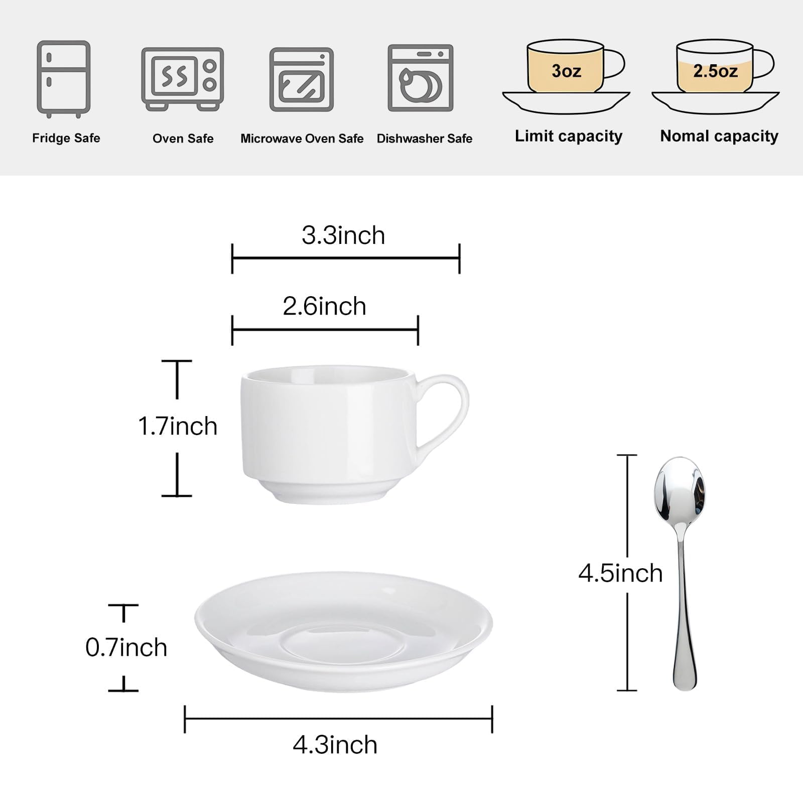 Stapelbare Espressotassen und Untertassen, Set mit Edelstahllöffeln für 4 Stück, 70 ml Keramik-Demitasse-Tassen, langlebige Porzellan-Kaffeetassen für heiße Getränke, Tee, Geschenke, Weiß