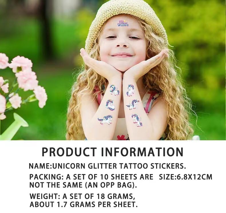 Miniatura 5 de Tatuajes temporales de unicornio brillante para niños, calcomanías de dibujos animados impermeables con nuevo diseño de purpurina arcoíris para