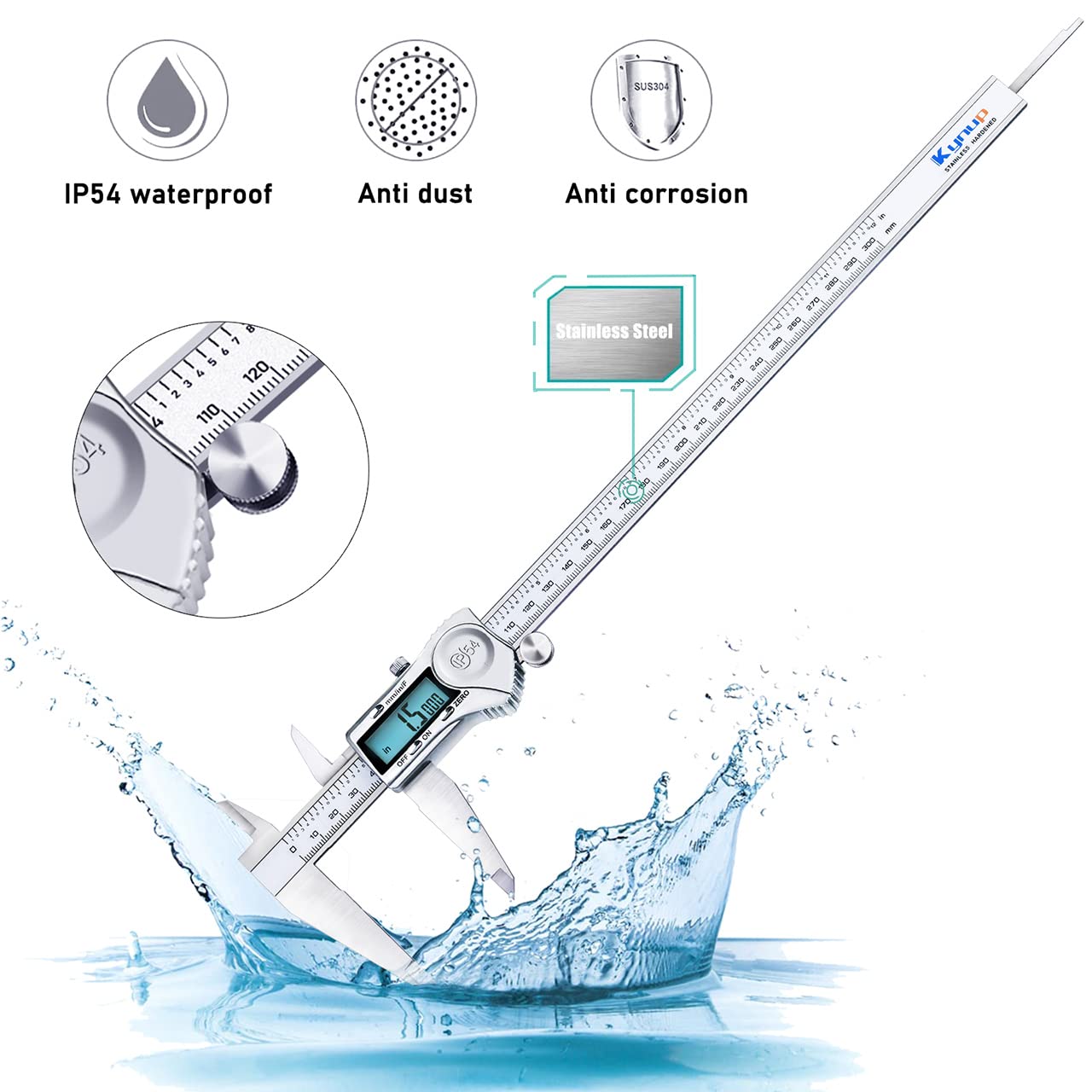 Kynup Digital Vernier Caliper Stainless Steel Splashproof IP54 Design Large LCD Screen Easy to Change Metric Inch Break 300mm Silver Silver 300 mm