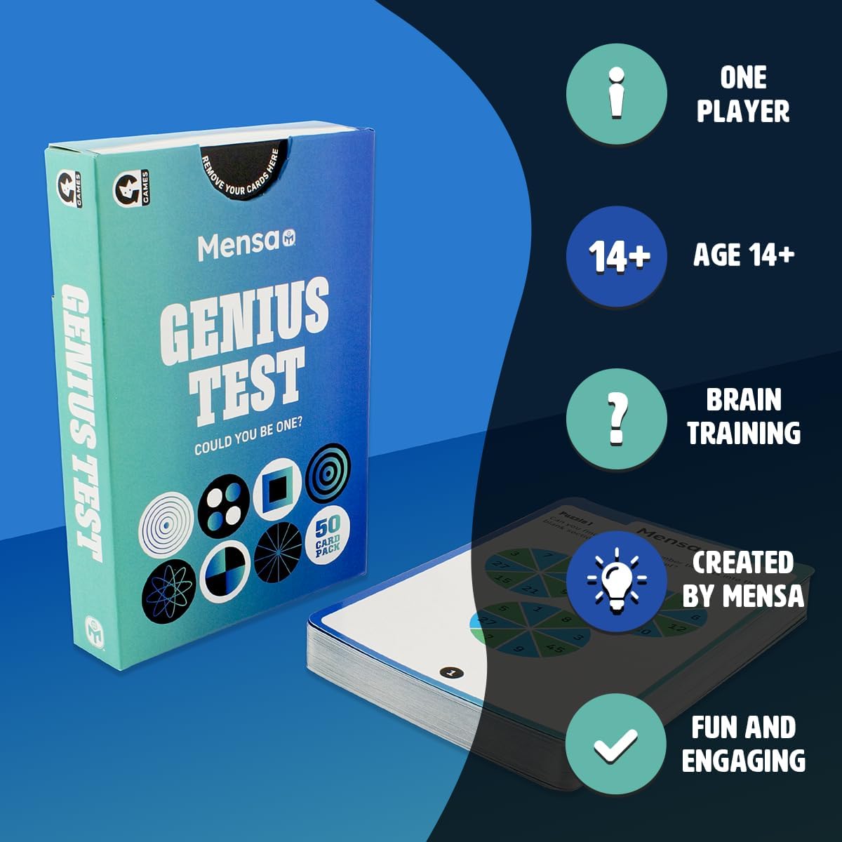 Ginger Fox Official Mensa Genius Test - Test Your Brainpower - 50 Double-Sided Puzzle Cards
