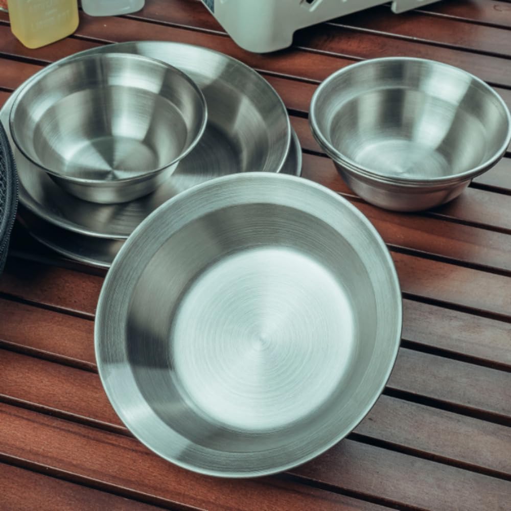 Stainless Steel Plates and Bowls Camping Set Portable Dinnerware Kits Dinnerware Kits for Family Camping Hiking Picnic BBQ Beach Outdoor with Travel Bag (8pcs)