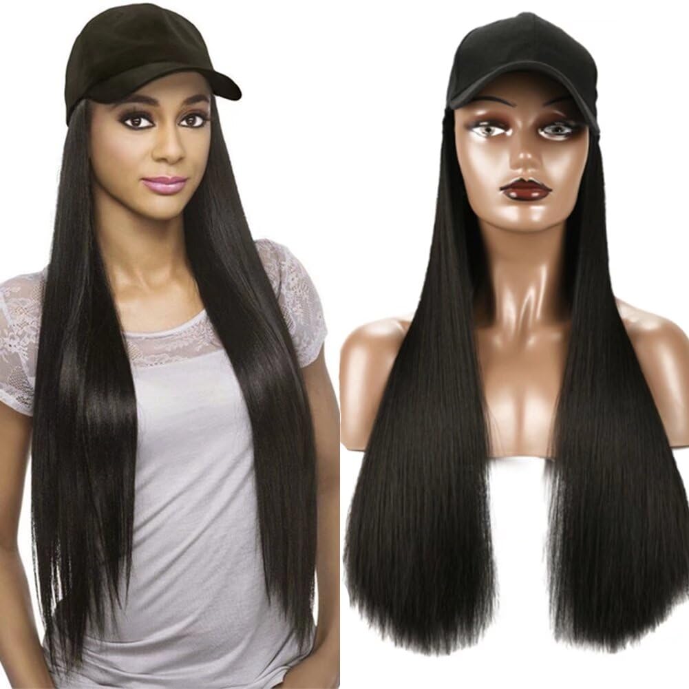 LaLuLoLi Baseball Cap with 24"/60cm Synthetic Hair Extensions Black Hat Straight Hair Long Natural Black Hairpiece Attached Hats Hair Pieces Wig for Women Daily Party Use (natural black)
