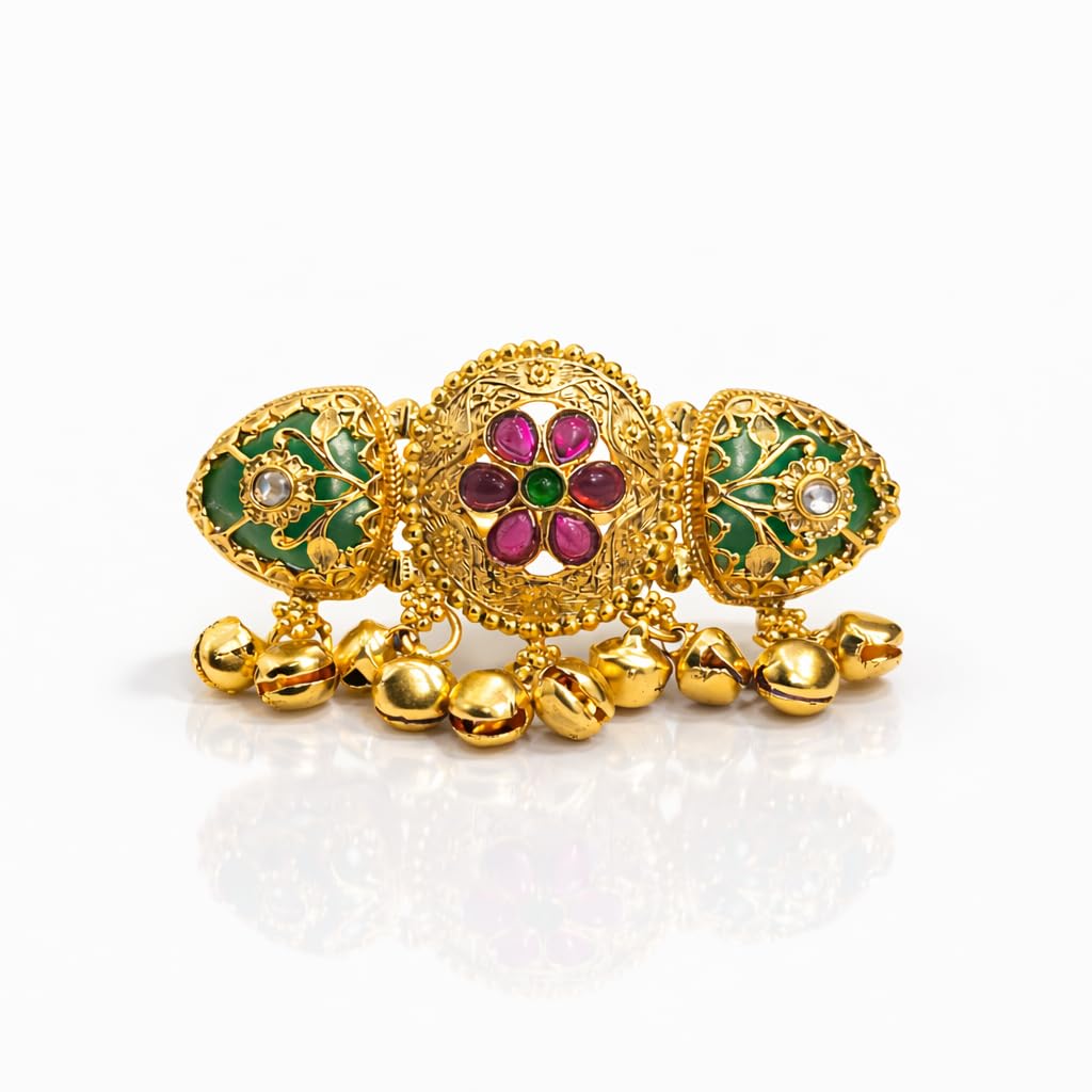Heritage Style Elephant Motif Gold Plated Adjustable Ring with Latkan Green Stones Kundan Brass Jewellery-image-15