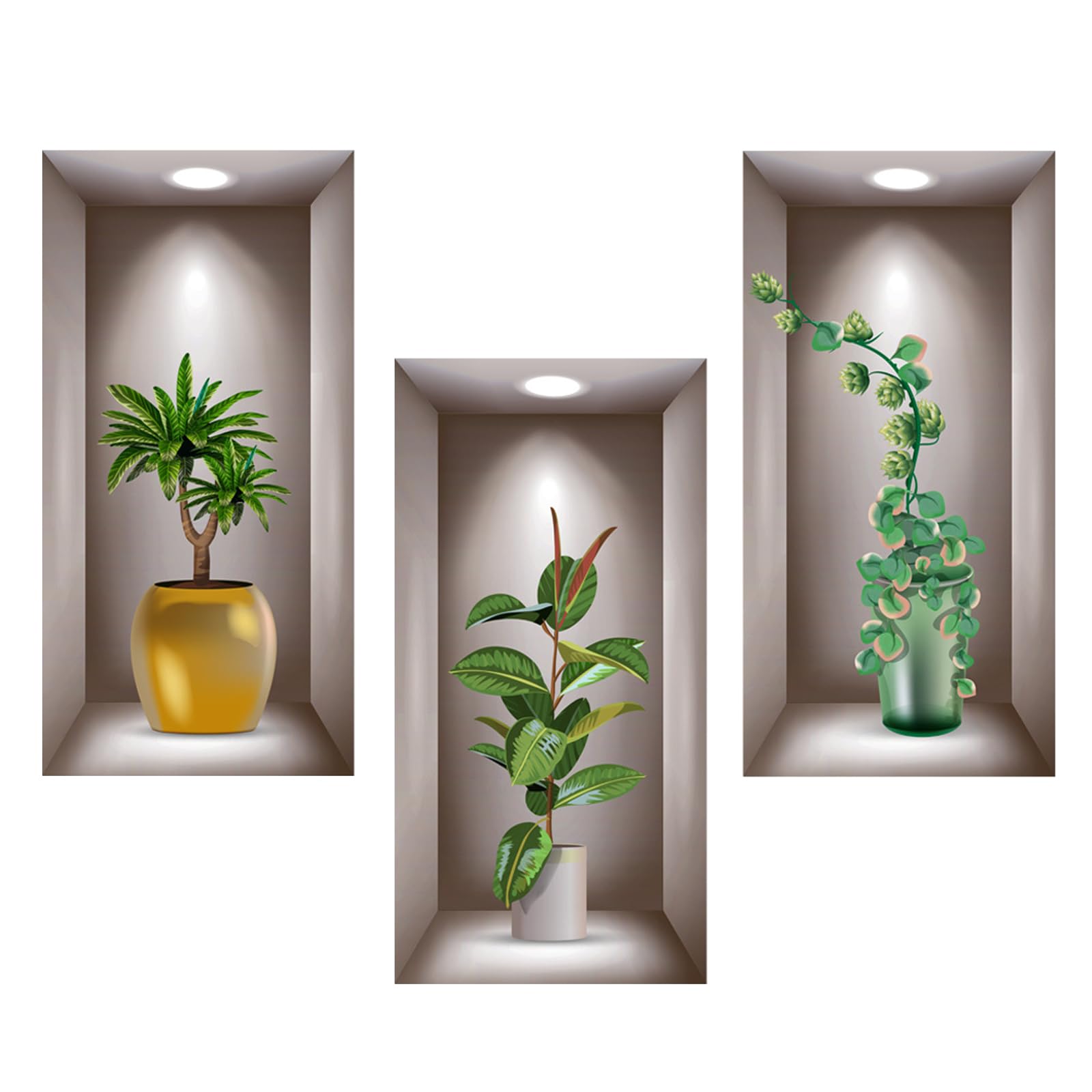 Stickers Muraux 3D Vase Et Plantes - 4 Feuilles 30x30cm - Style Bohème - Pour Salon/Chambre - Adhésif Vinyle