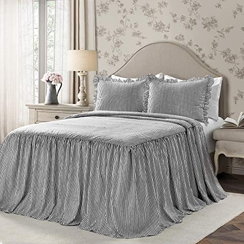 Lush Decor Ticking Stripe Bedspread Black Vintage Chic Farmhouse Style Lightweight 3 Piece Set, Queen