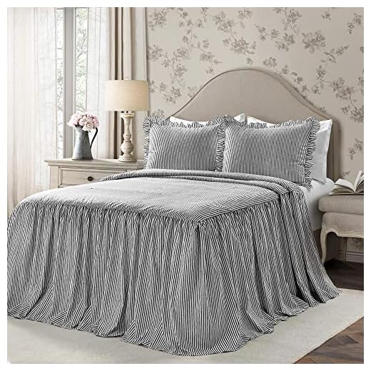 Lush Decor Lush Décor Ticking Stripe Bedspread Black Vintage Chic Farmhouse Style Lightweight 3 Piece Set King