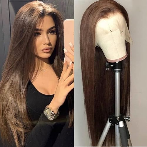 Miniatura 2 de Missyvan Pelucas de encaje frontal de cabello largo y lacio, color marrón natural, sin pegamento, castaño y rubio, pelucas sintéticas con encaje