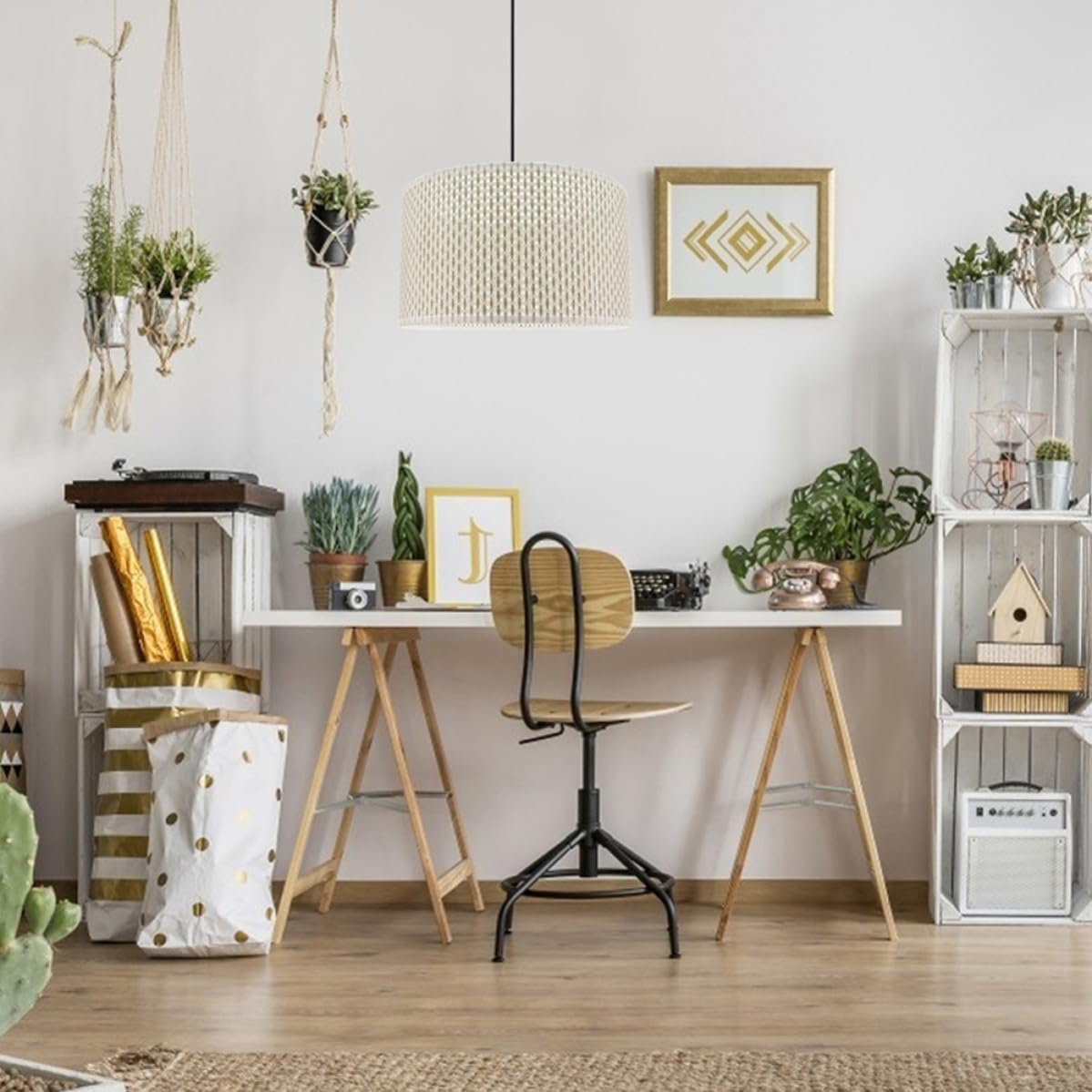VANZACK Pantalla de Lámpara de Mesa Tejida Beige E27 Moderna para Salón