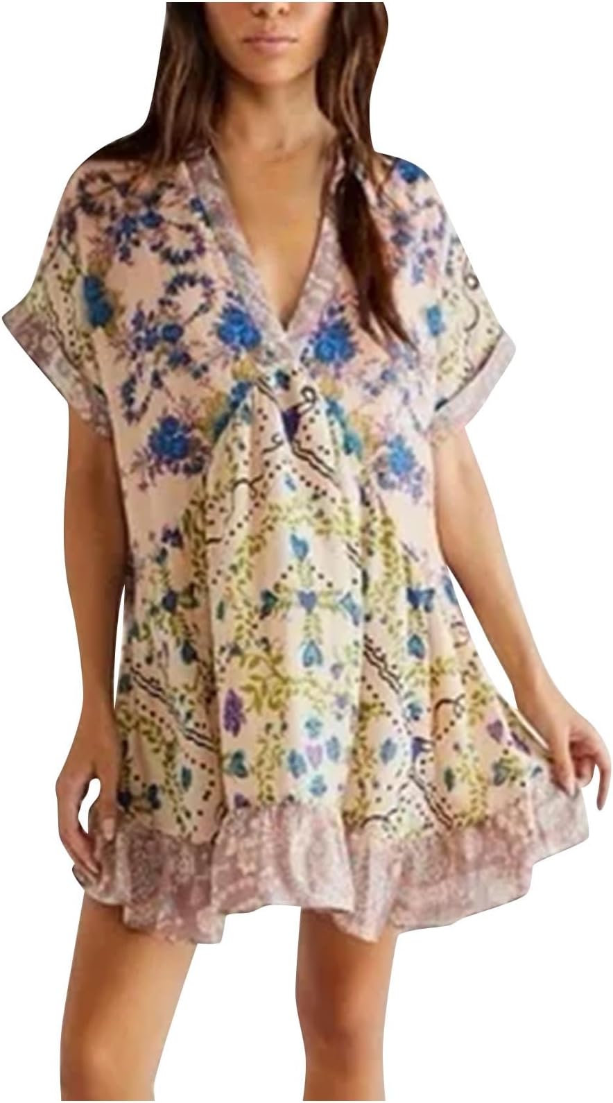 ESCBUKIBoho Dress for Women 2024 Ruffle Hem Patchwork Babydoll Dress Flowy Bohemian Mini Dress Ethnic Embroidered Dress
