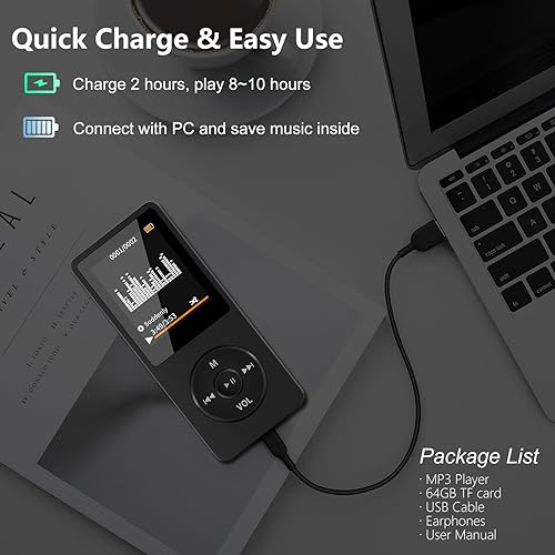 Miniatura 6 de SKYBESS Reproductor MP3 de 64 GB con Bluetooth, reproductores de música MP3 de alta fidelidad portátiles sin pérdidas con altavoz HD, reproductor