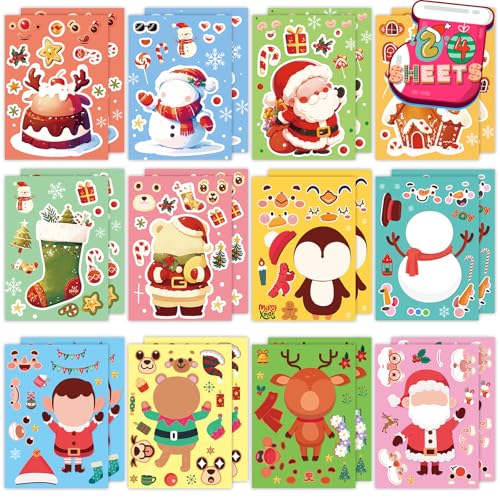 Lot de 24 autocollants de Noël pour enfants et adultes, motif Père Noël, bonhomme de neige, pour ordinateur portable, guitare, bagages