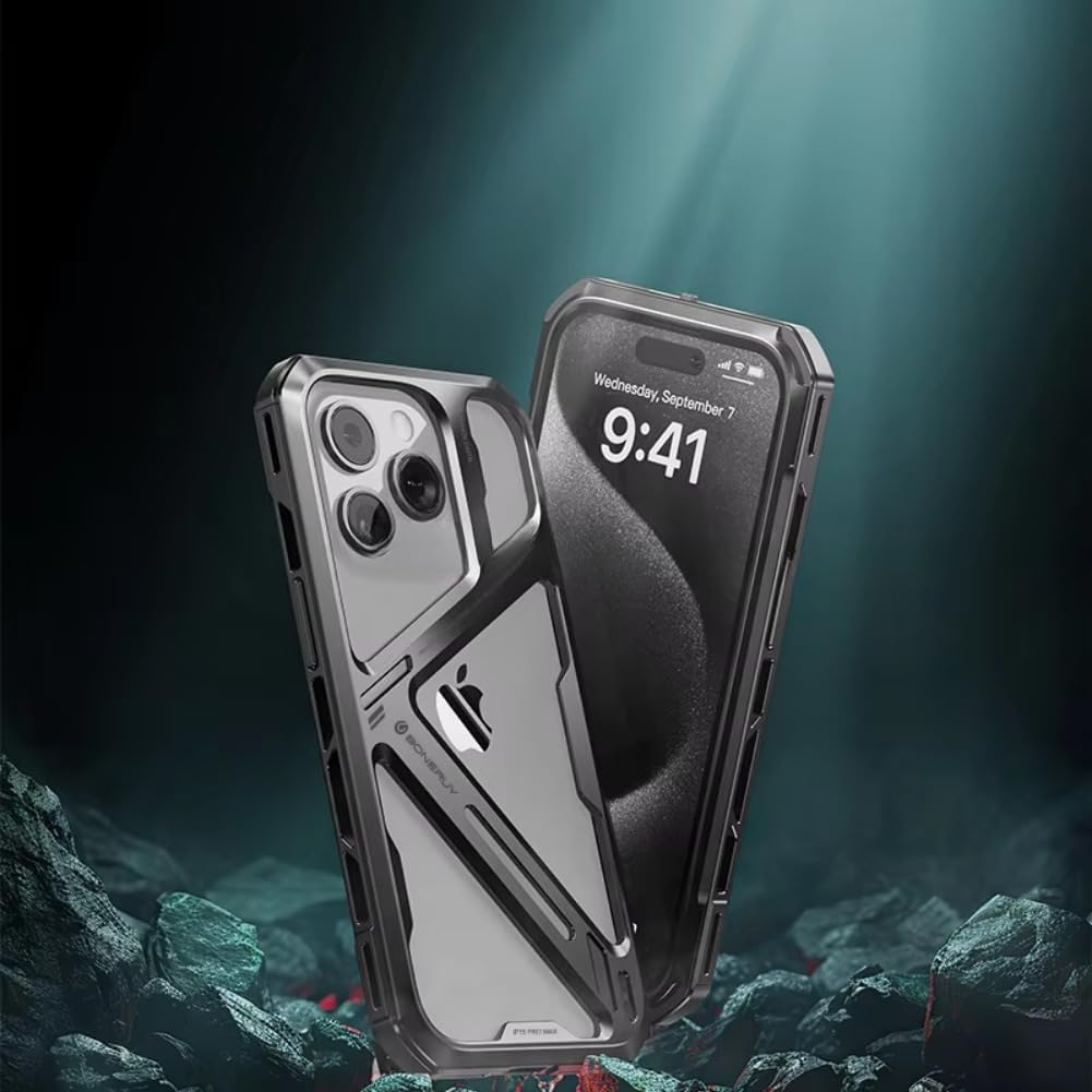 Metal Mobile Phone Case for iPhone 15 Shockproof Luxury Aluminum Alloy Mobile Phone Cover with Armor Hollow Design (Silver)