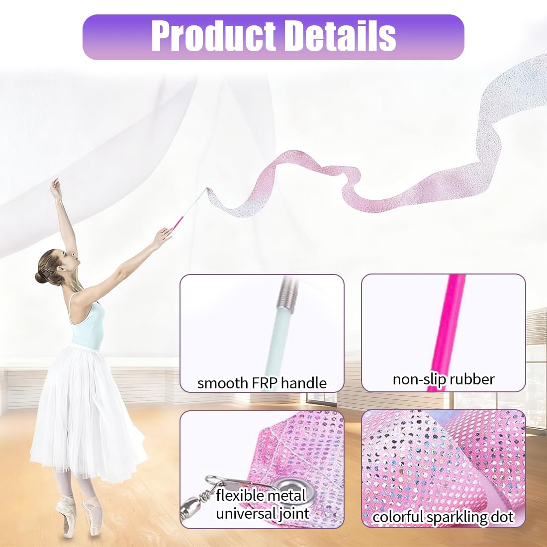 4 Pezzi Nastri da Ballo 2m Nastro da Ginnastica Ritmica con Bacchetta Ginnastica Glitterati Nastri da Danza per Talentshow Allenamento Artistico di Danza(Colorato+Rosa Viola)