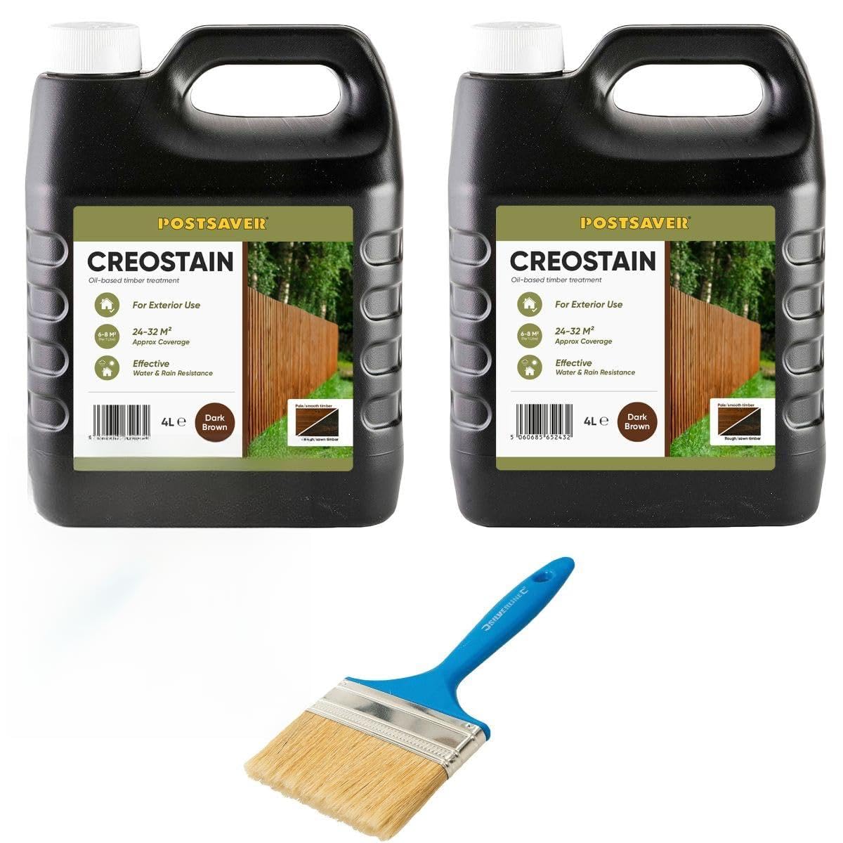 Postsaver Creostain Creocote Oil-Based Wood Treatment | Creosote Substitute | Exterior Wood Stain and Preserver | Fence Treatment | Lower VOC | Pack of 2 + Brush (Dark Brown)